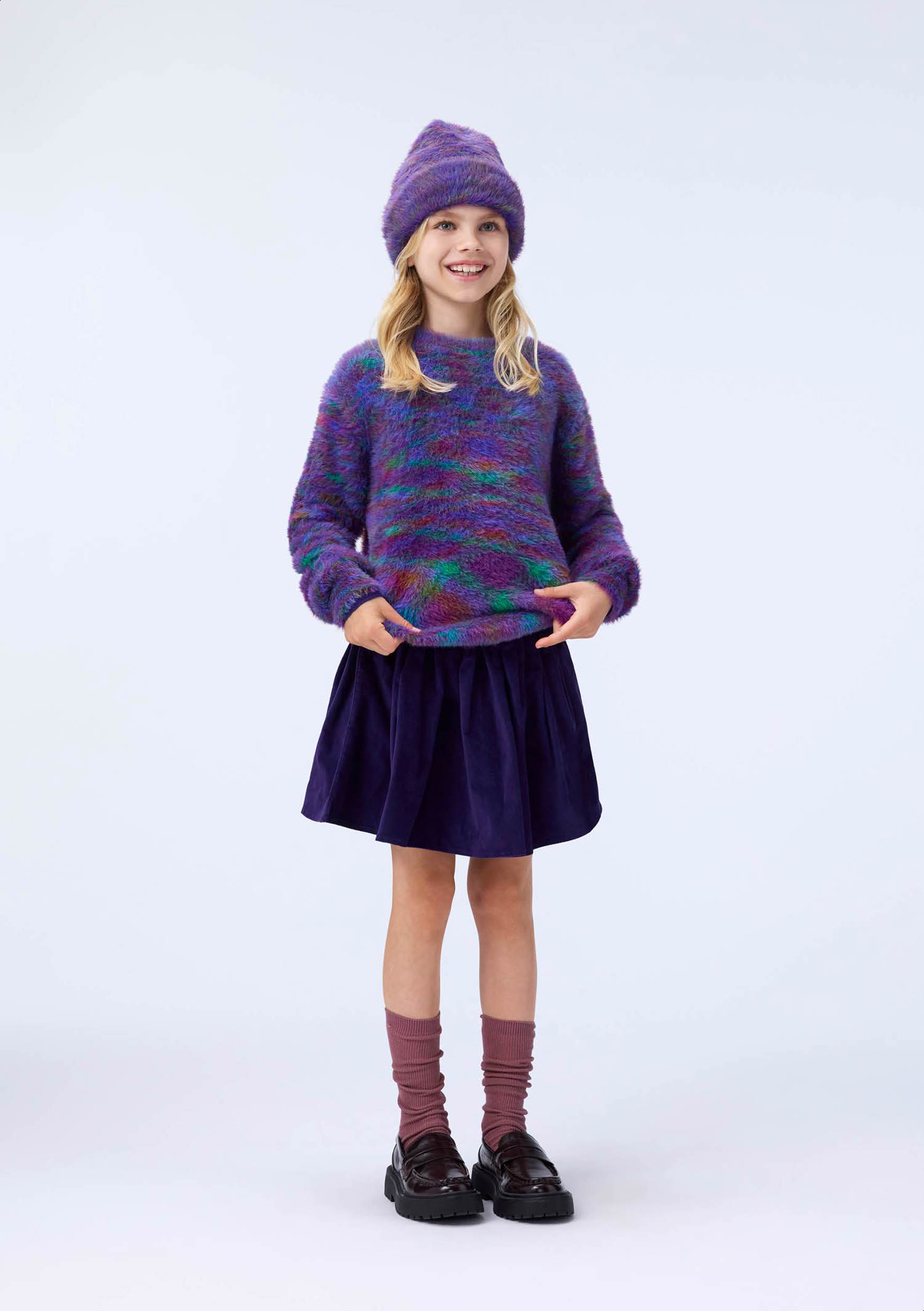 Kaia - Purple Mix - Purple fluffy beanie with multicoloured yarn