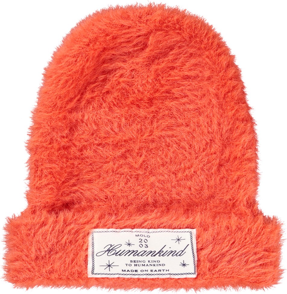 Kaia - Rising Sun - Red fluffy beanie with multicoloured yarn for children.