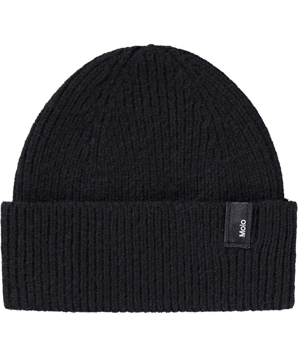 Karl - Black - Black rib-knitted beanie in a wool blend  for children.