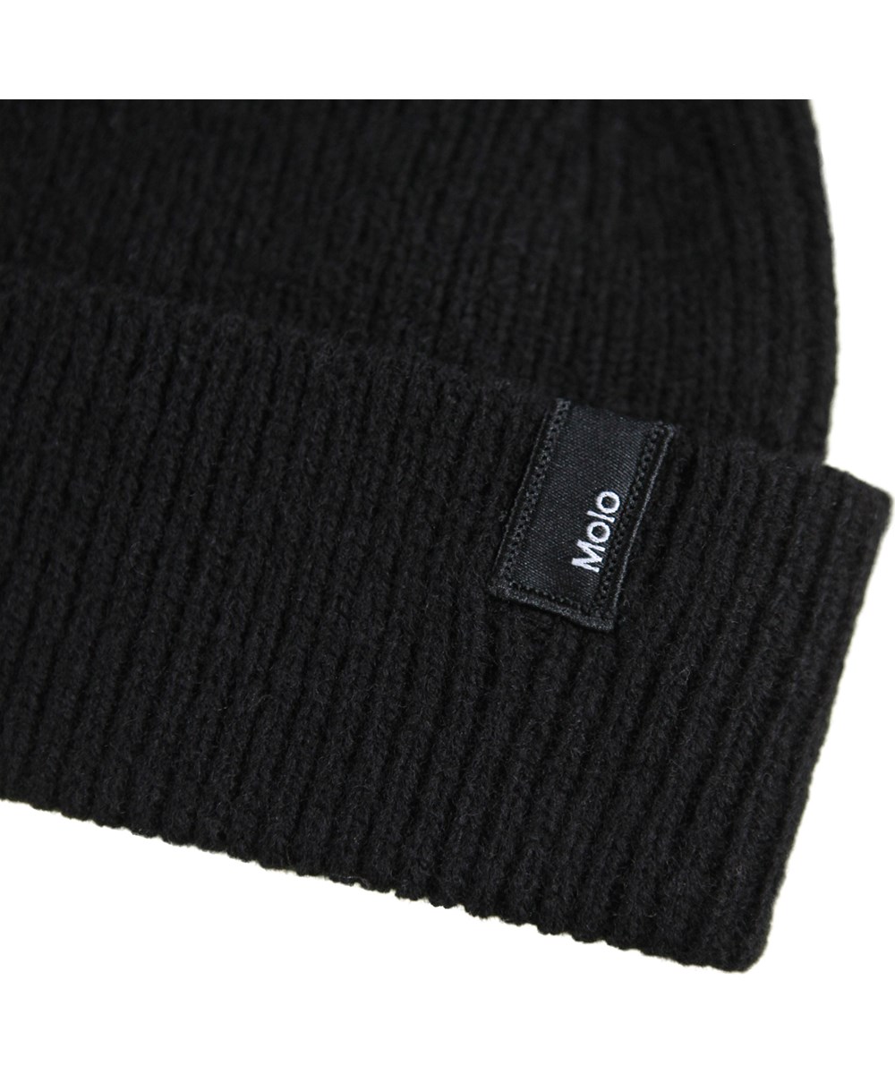 Karl - Black - Black rib-knitted beanie in a wool blend  for children.
