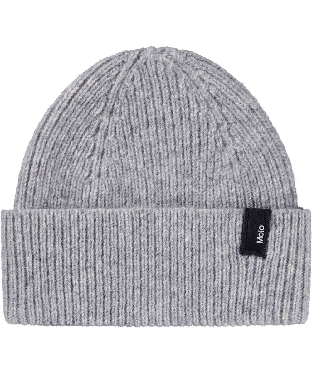 Karl - Grey Melange - Grey rib-knitted beanie in a wool blend  for children.