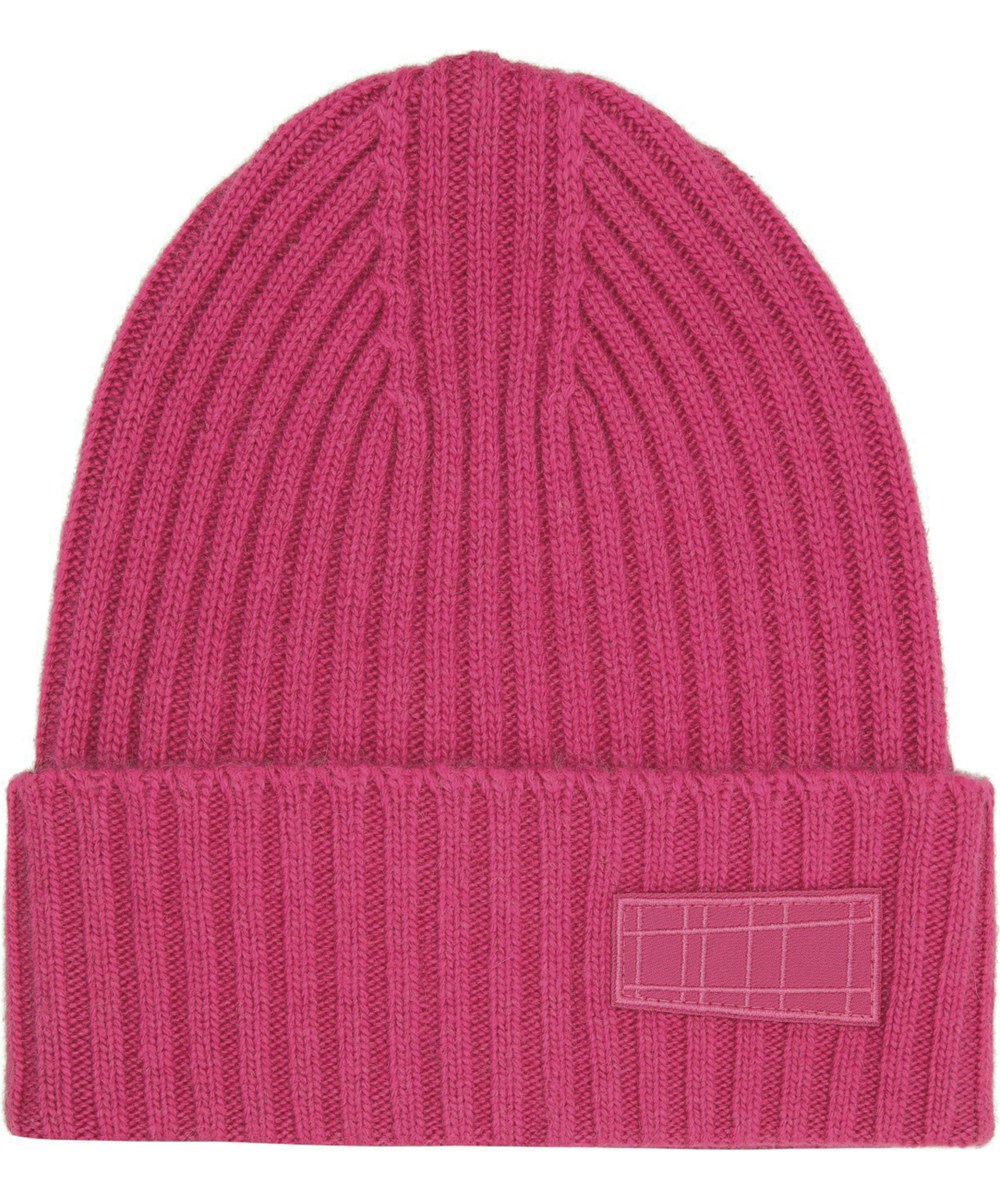 Karli - Baya Pink - Dark pink rib-knitted beanie with roll up and Molo's logo on the front.