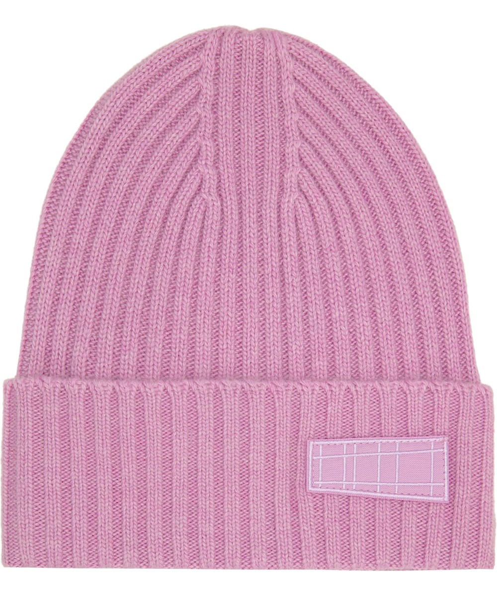 Karli - Dusty Mauve - Pink ribbed knit beanie with roll up and Molo's logo on the front.