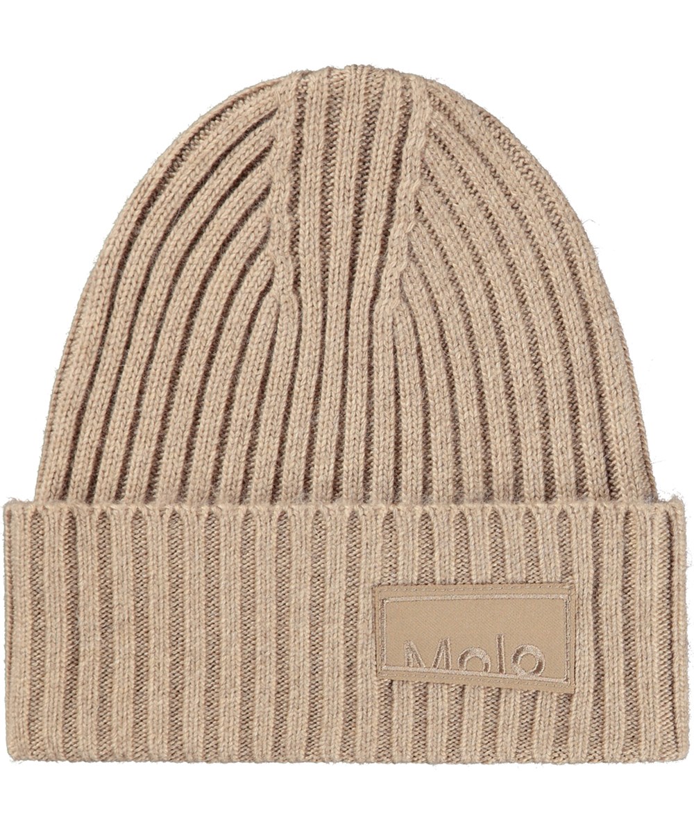Karli - Fawn - Brown rib-knitted beanie with roll up for children.