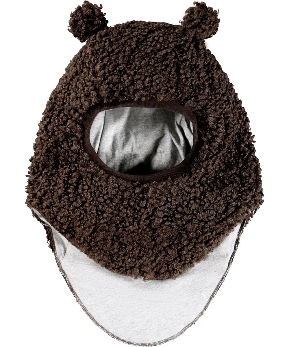Kay - Dark Cocoa - Dark brown balaclava for children in teddy fleece with cute teddy ears.