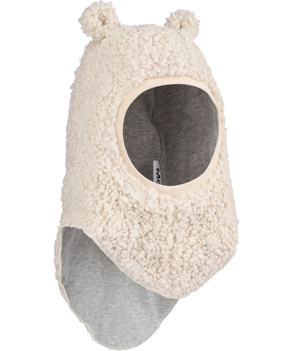 Kay - Vanilla - Cream-colored balaclava for children in teddy fleece with cute teddy ears.