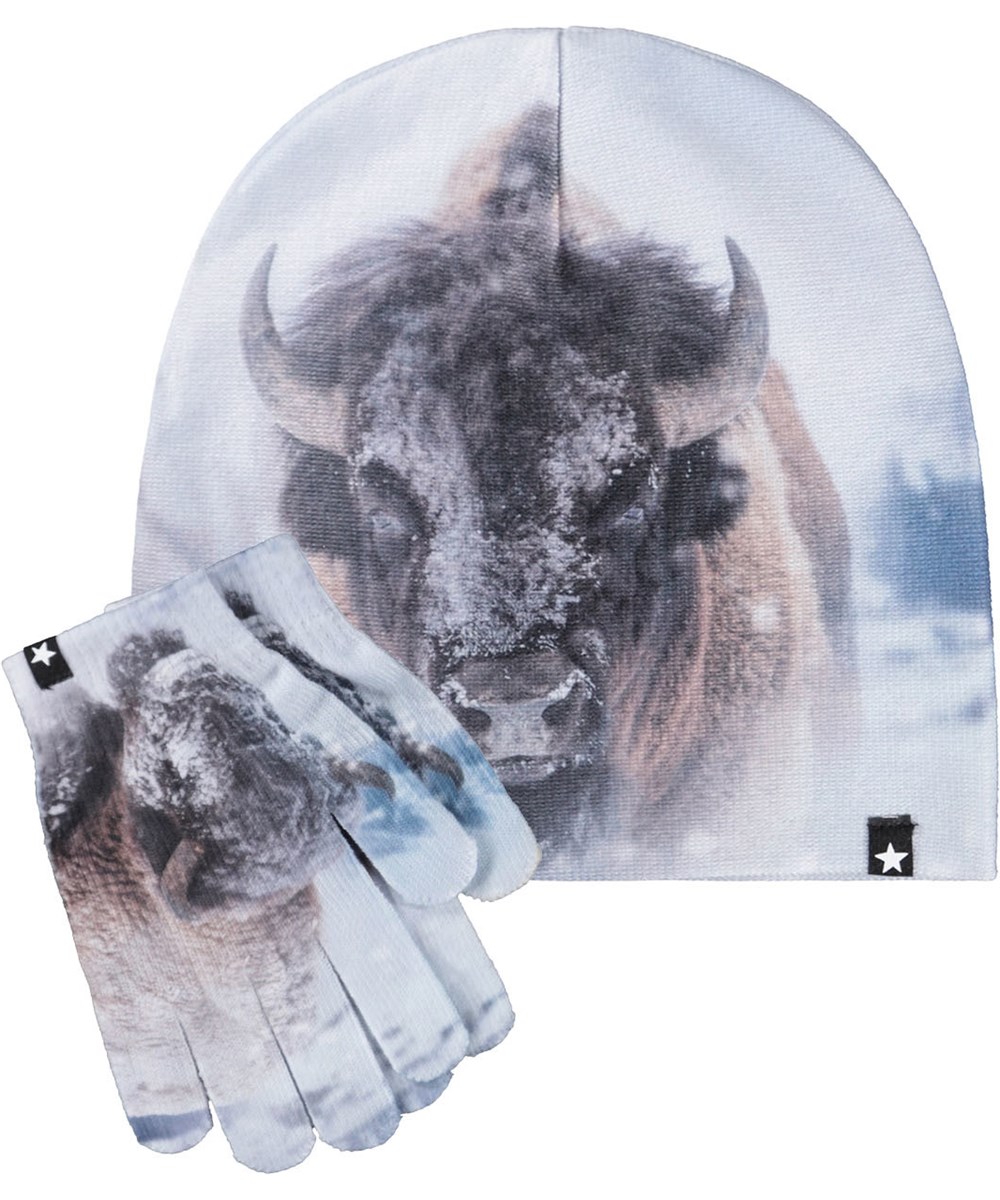 Kaya - Bison Close Up - Blue set for children with a beanie and finger gloves with a bison print.
