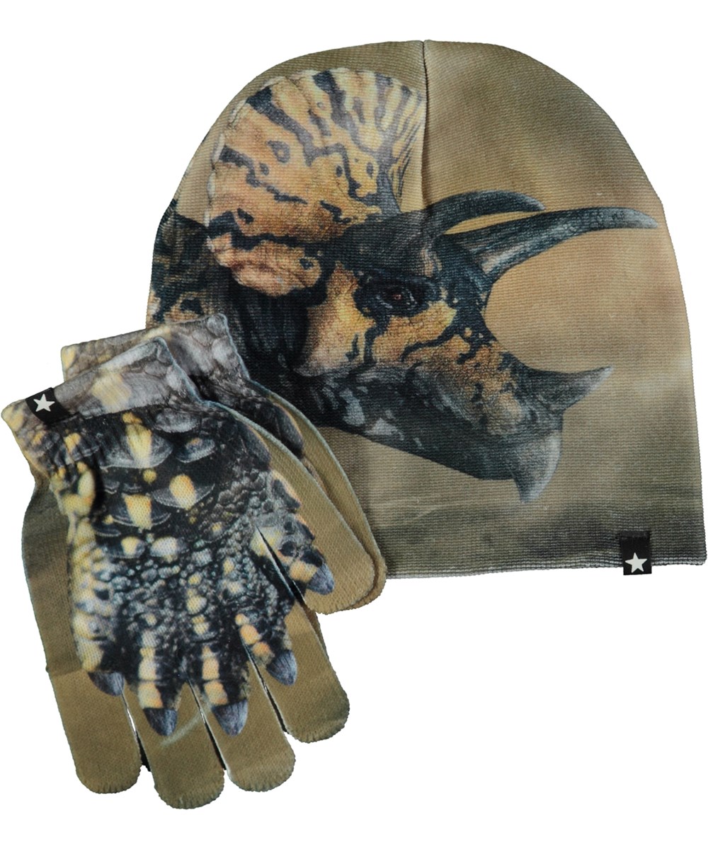 Kaya - Dino Friends - Hat and gloves in green with dinosaur print