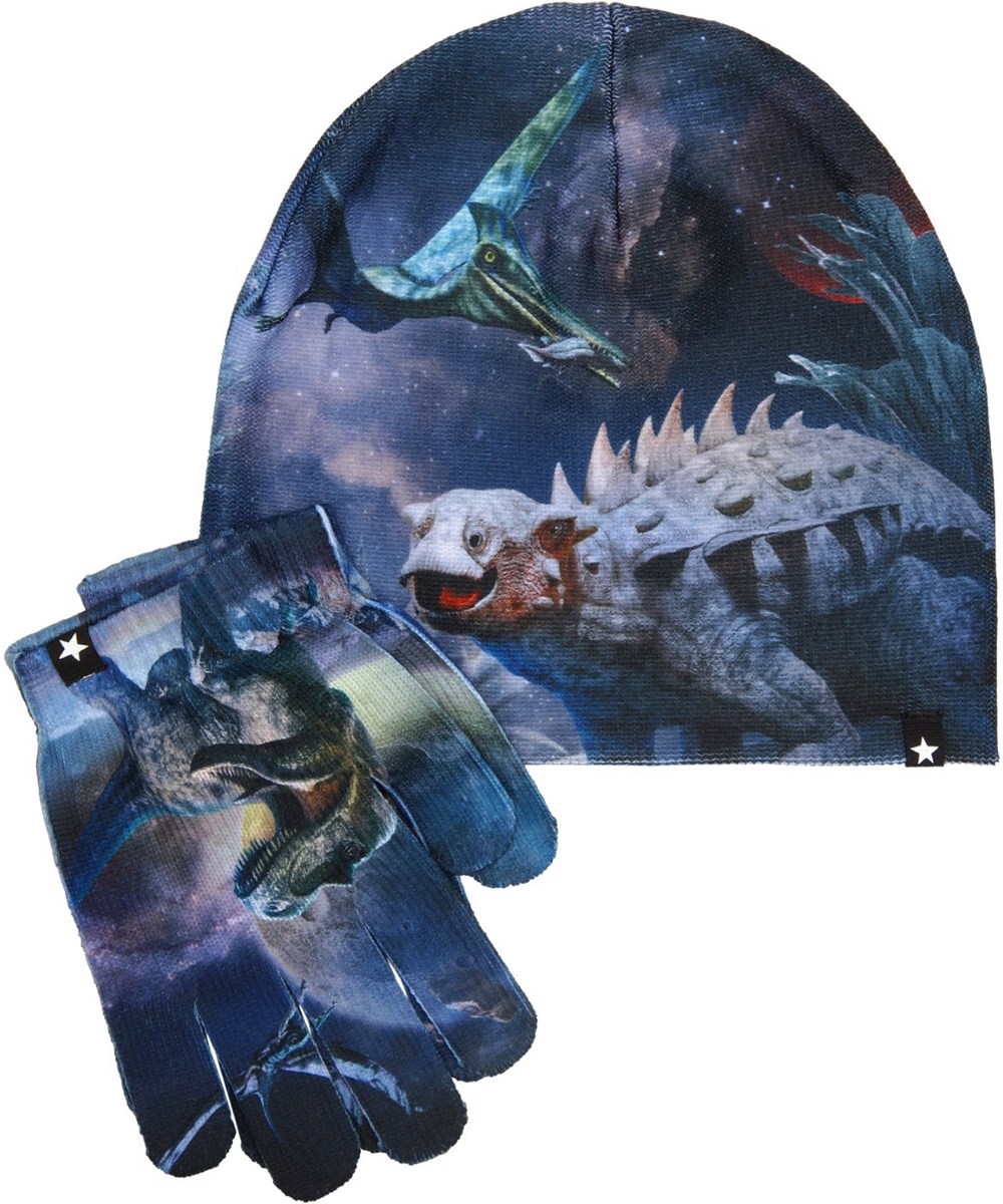 Kaya - Dino Planet - Set with beanie and finger gloves with dinosaur print for children