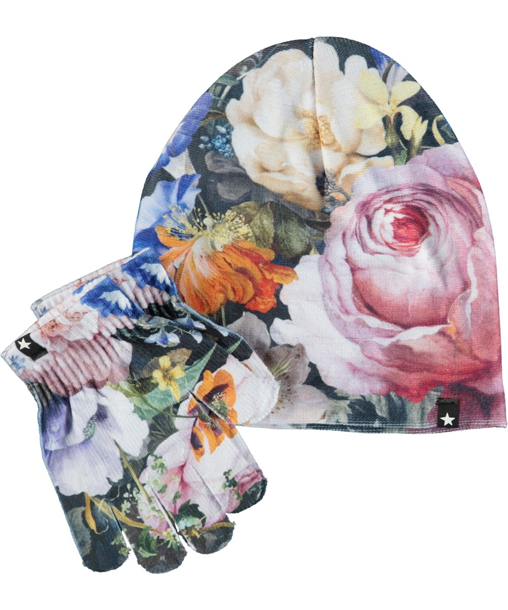 Kaya - Floral - Hat and gloves with print of large flowers