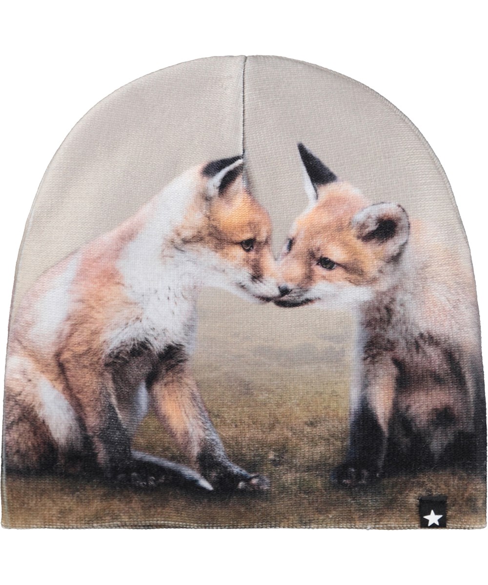 Kaya - Fox Cubs - Beige set for children with a beanie and finger gloves with a fox cubs print.