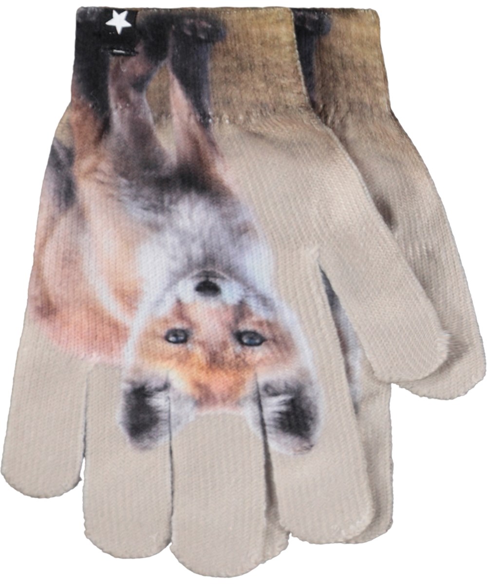 Kaya - Fox Cubs - Beige set for children with a beanie and finger gloves with a fox cubs print.