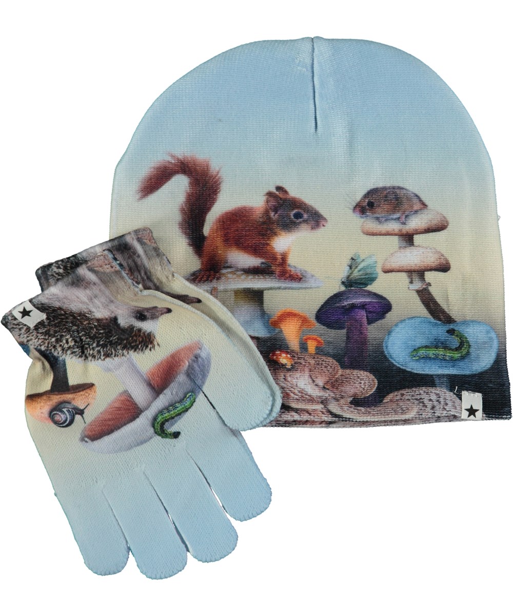 Kaya - Fungi Forest - Hat and gloves in light blue with mushroom print