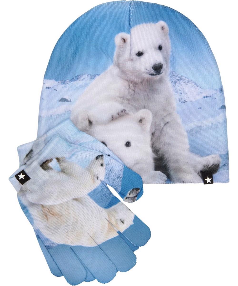 Kaya - Polar Cubs - Set of beanie and finger gloves with polar bear print for children