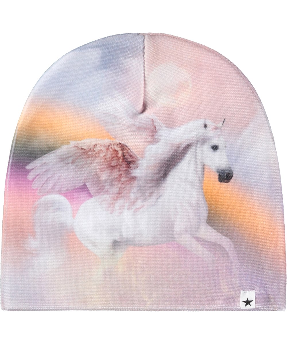 Kaya - Utopia World - Multicolored set for children with a beanie and finger gloves with a unicorn and rainbow print.