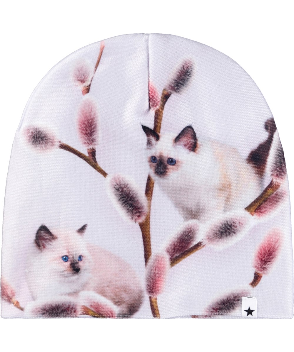 Kaya - Willow Cat - Light grey set for children with a beanie and finger gloves with a cats and branches print.