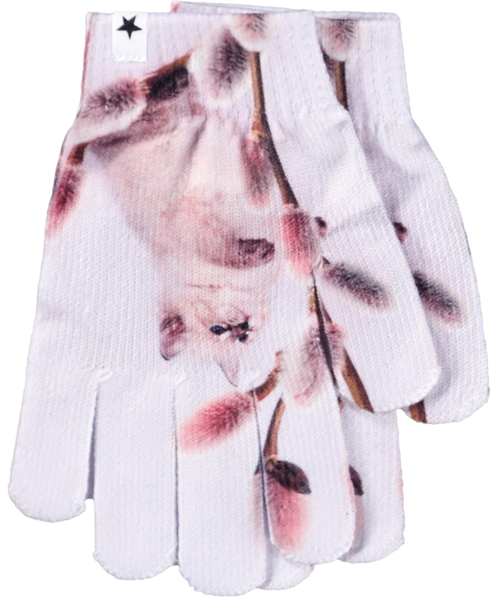 Kaya - Willow Cat - Light grey set for children with a beanie and finger gloves with a cats and branches print.