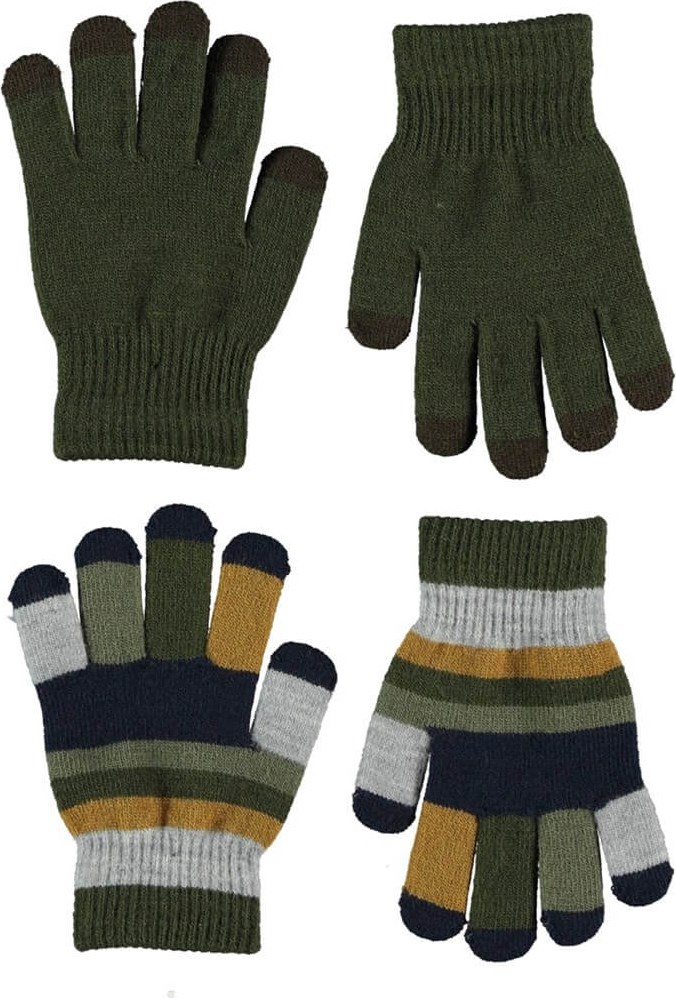 Kei - Forest - Two pair striped knit gloves in green 