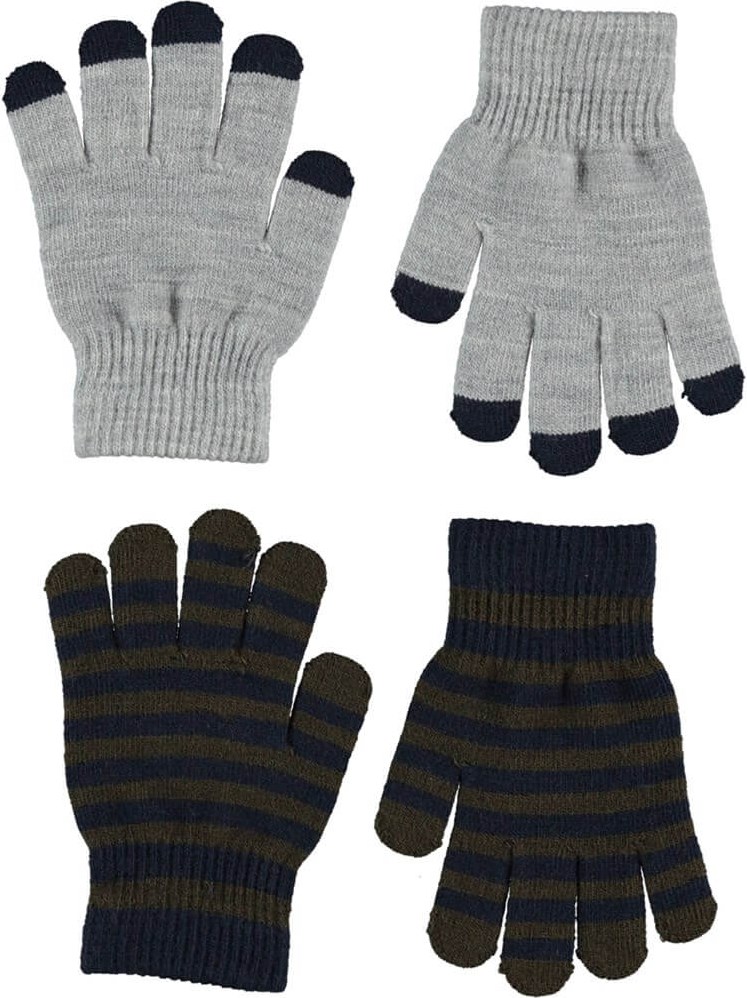 Kei - Grey Melange - Two pair striped knit gloves in green and blue  