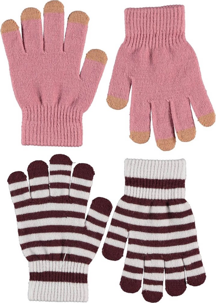 Kei - Velvet Rose - Two pair striped knit gloves in bordeaux and grey