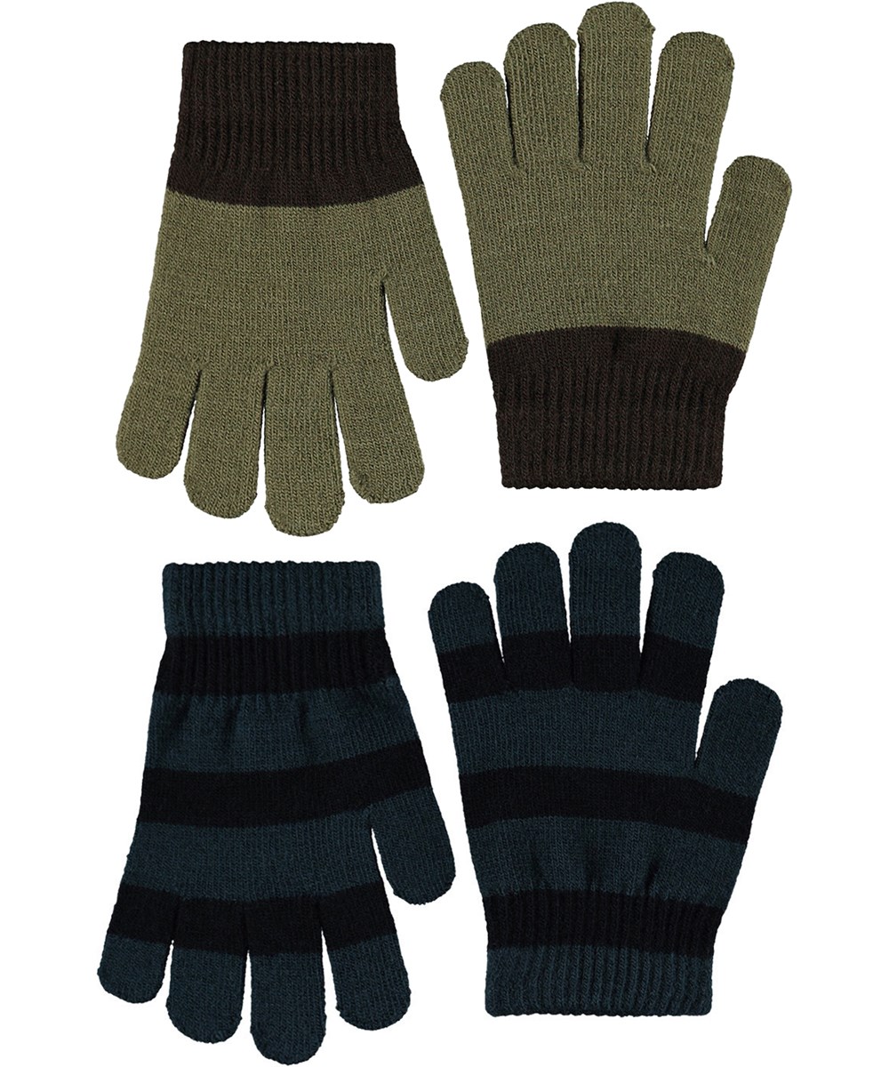 Kei - Bark Green - 2-pack of knitted gloves in green and black stripes for children.