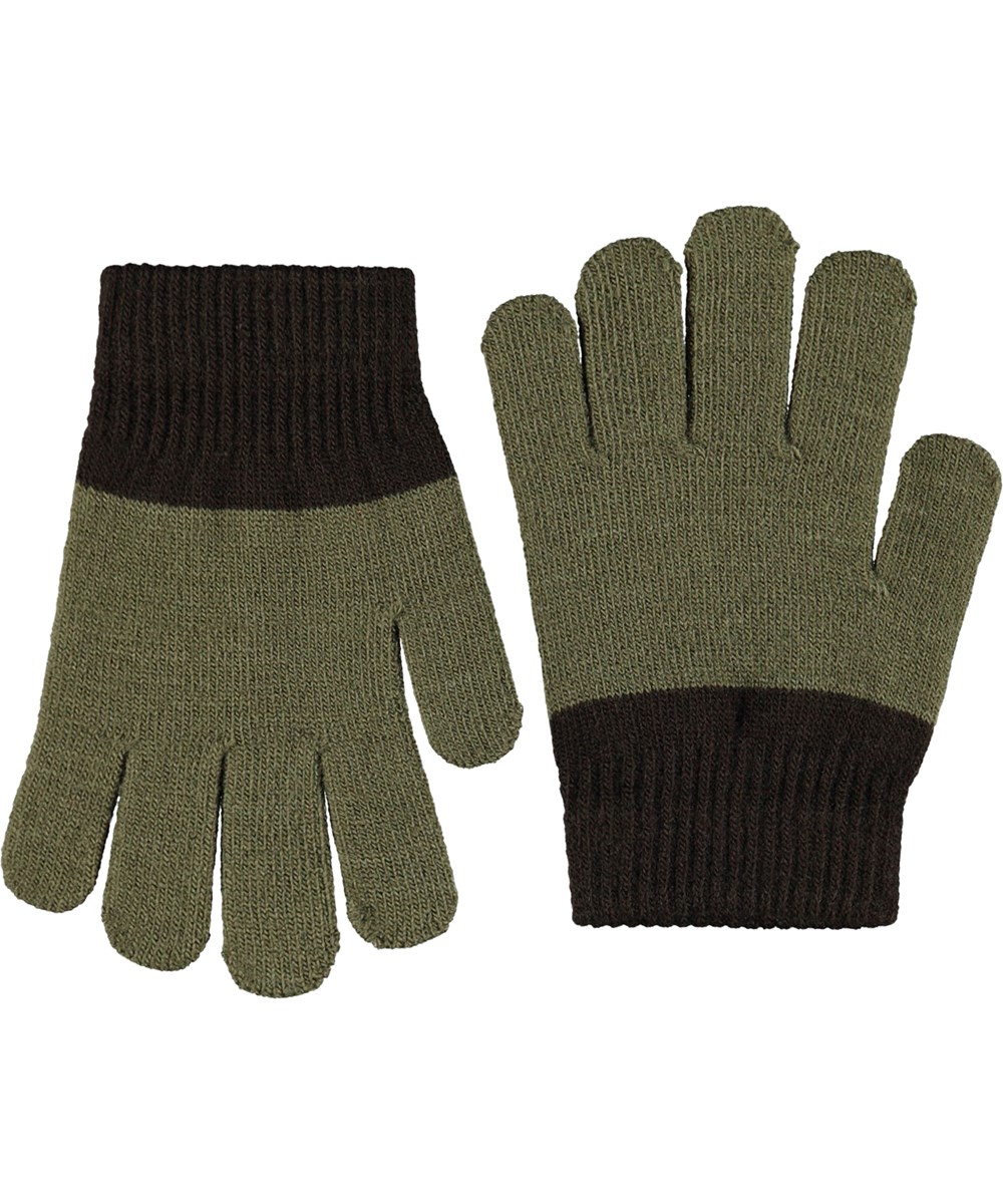 Kei - Bark Green - 2-pack of knitted gloves in green and black stripes for children.