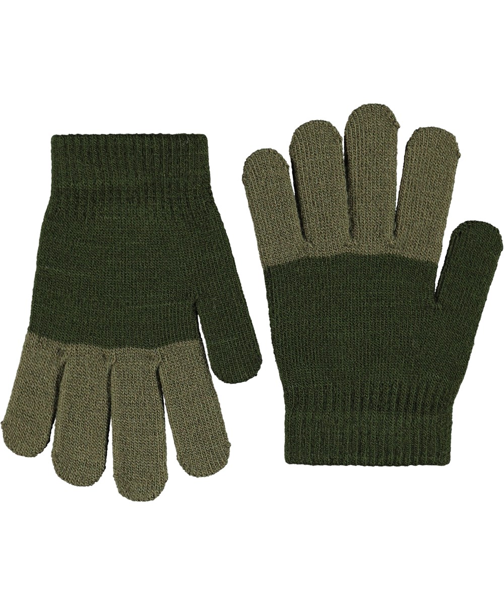 Kei - Dark Forest - 2-pack of knitted gloves for children. One in green shades and the other in blue, black, beige, and grey stripes.