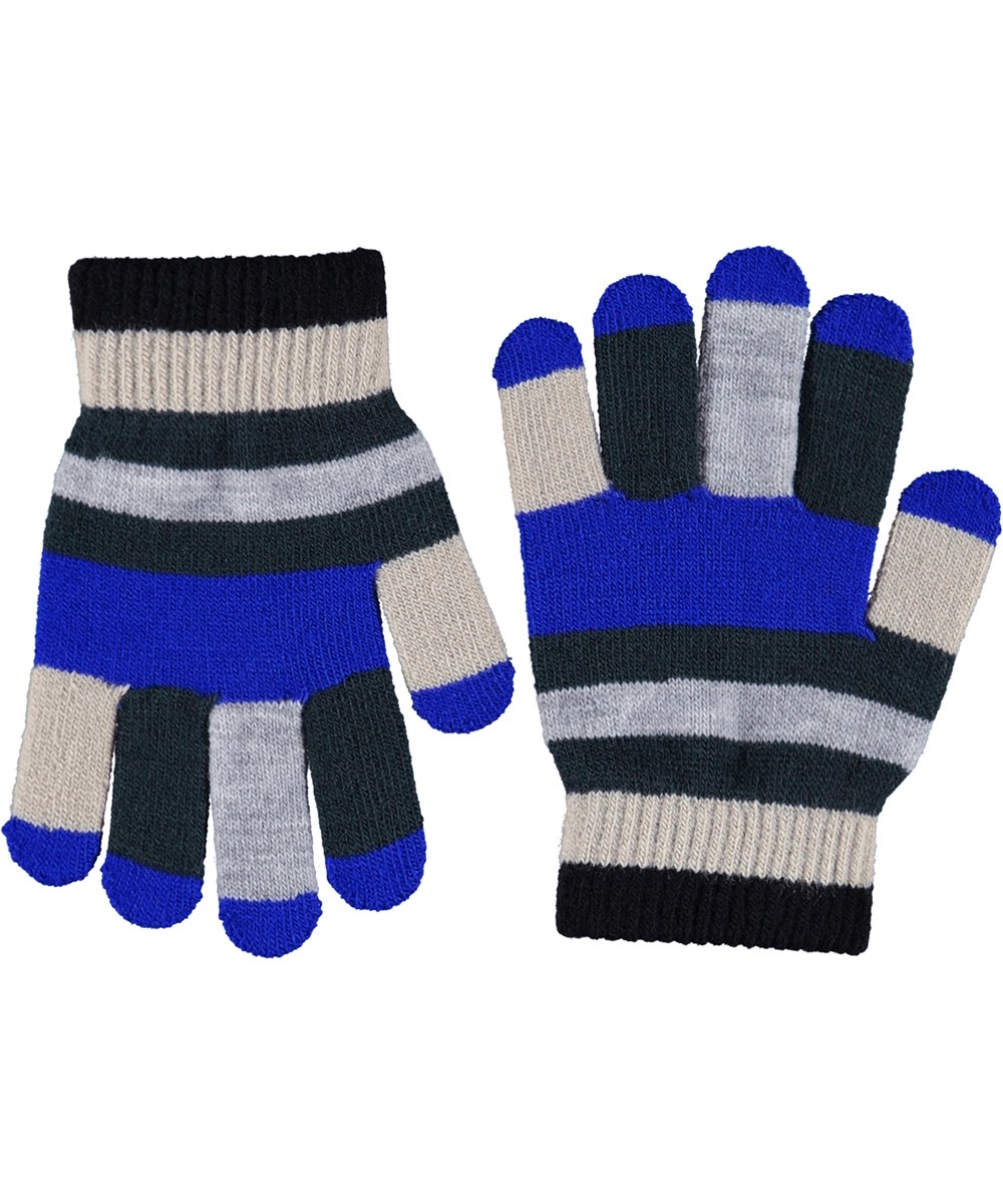 Kei - Dark Forest - 2-pack of knitted gloves for children. One in green shades and the other in blue, black, beige, and grey stripes.