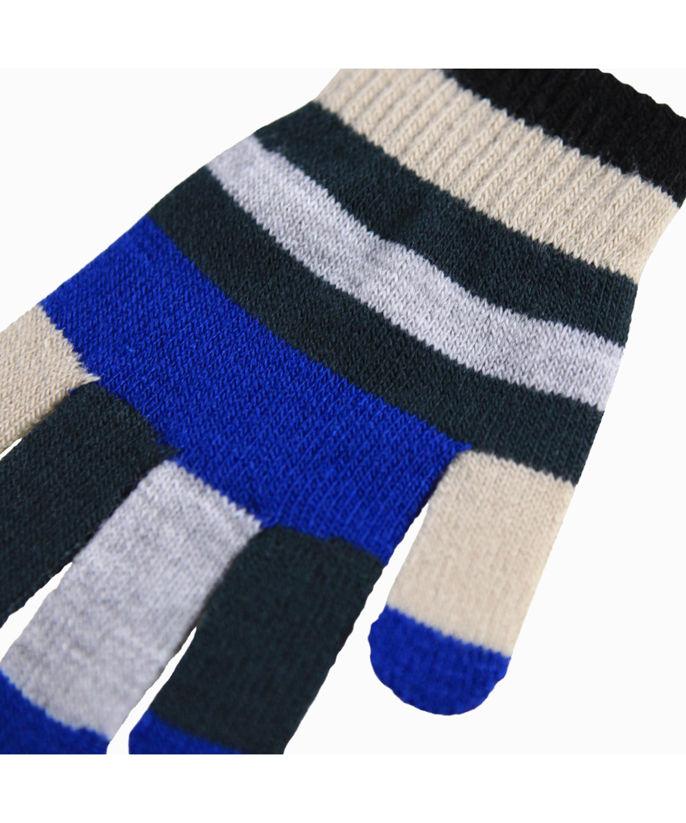 Kei - Dark Forest - 2-pack of knitted gloves for children. One in green shades and the other in blue, black, beige, and grey stripes.