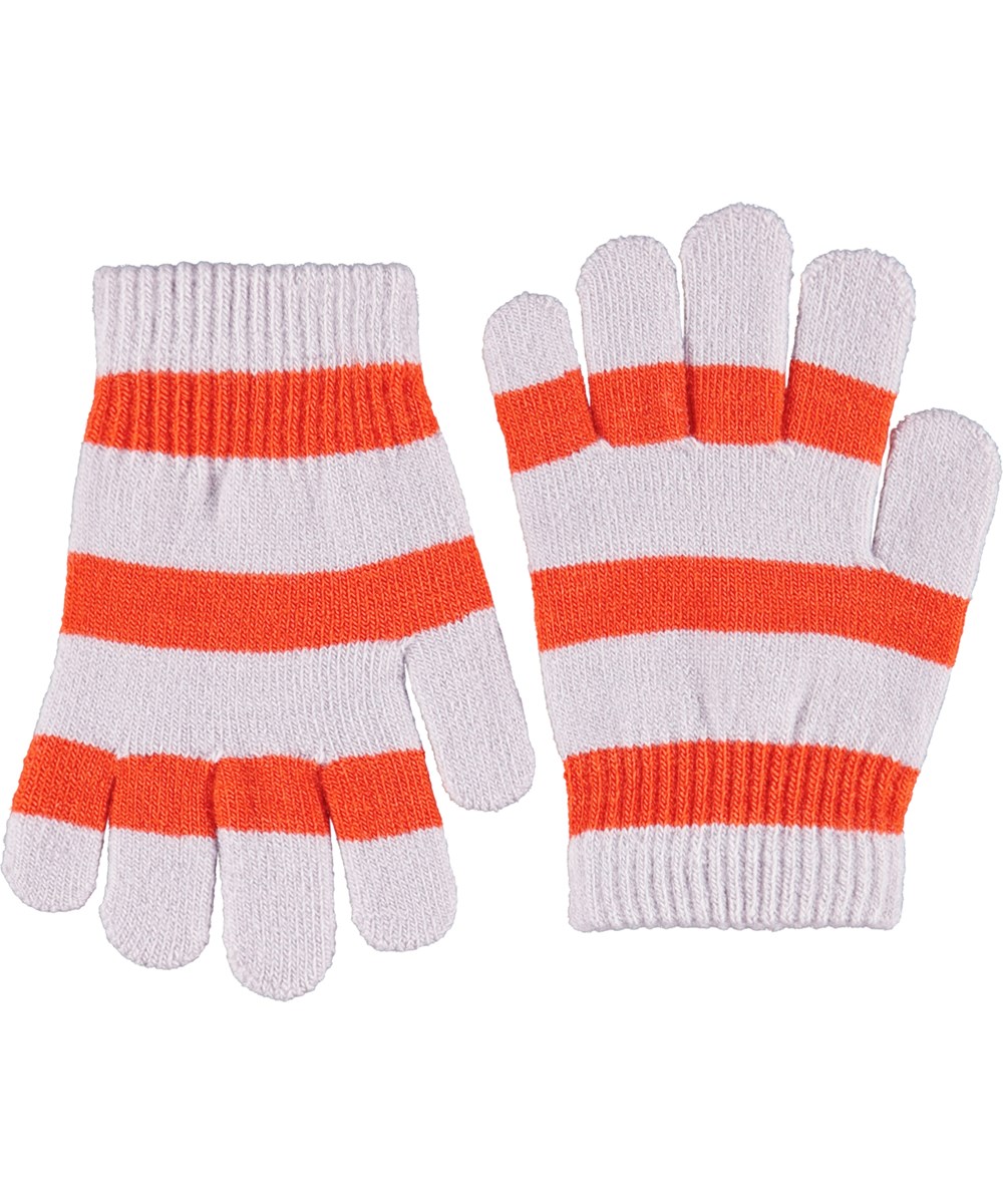 Kei - Daybreak - 2-pack of knitted gloves for children. One in shades of purple and the other in grey and red stripes.