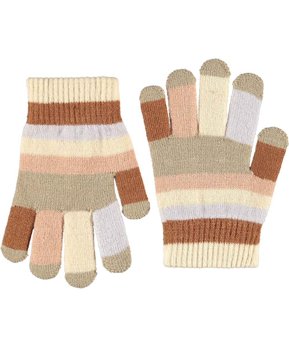 Kei - Lilac Marble - 2-pack of knit gloves. One pair in off-white and purple, and the other in stripes with shades of brown, gray, pink, and beige.