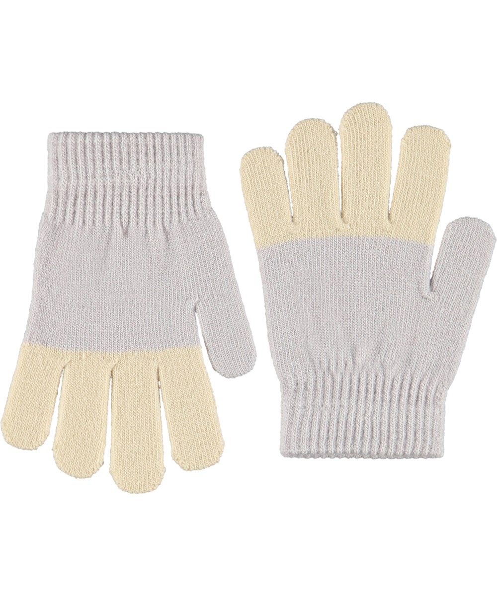 Kei - Lilac Marble - 2-pack of knit gloves. One pair in off-white and purple, and the other in stripes with shades of brown, gray, pink, and beige.