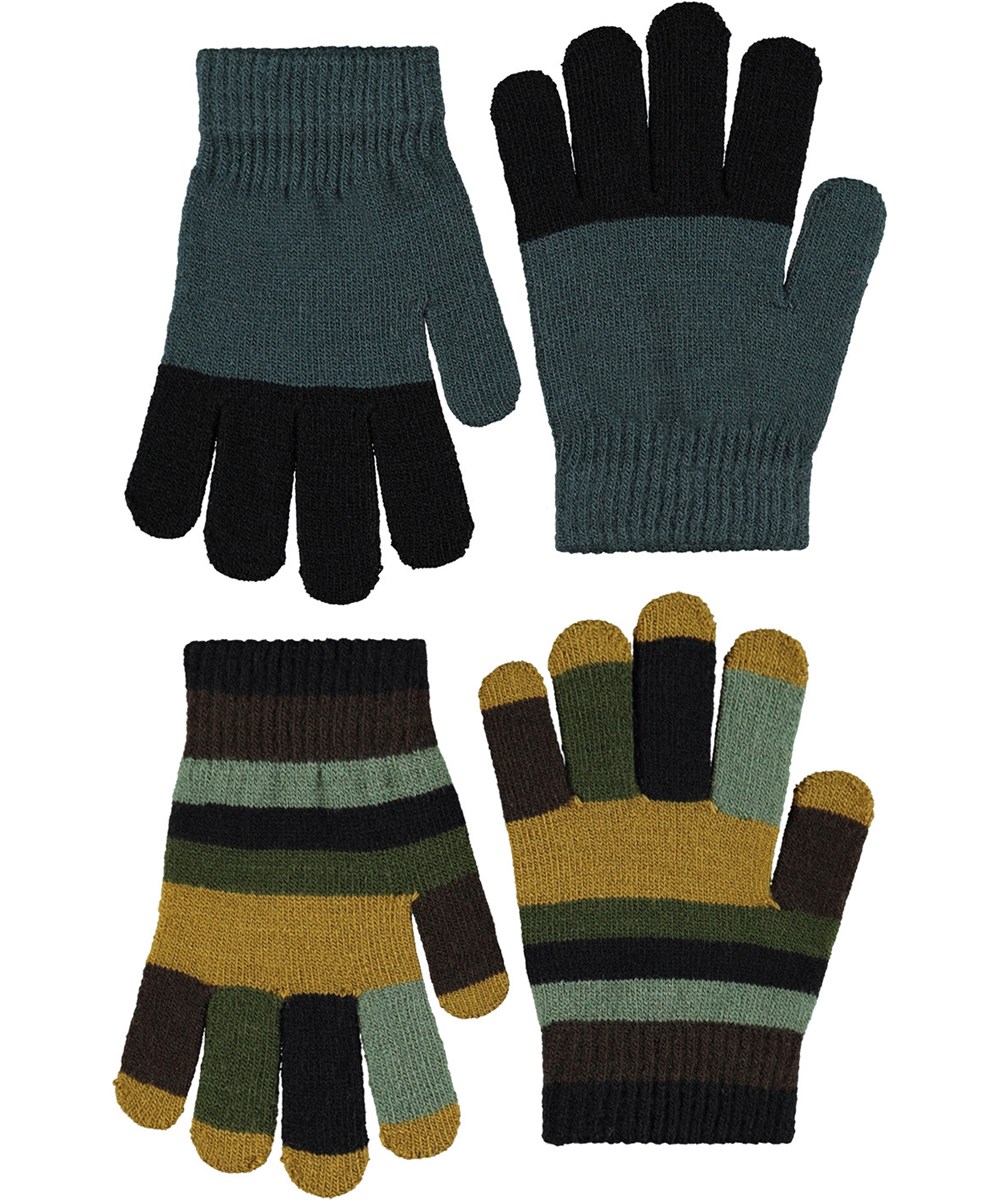 Kei - Night Navy - 2-pack of knitted gloves for children. One in green and black and the other in brown and green shades.