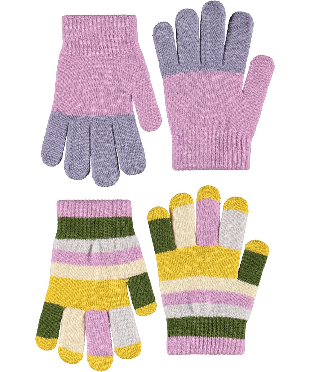 Kei - Purple Ray - 2-pack of knitted gloves for children. One in shades of purple and the other in green and purple stripes.