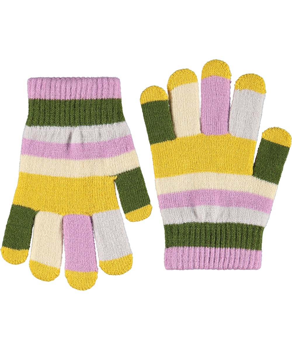 Kei - Purple Ray - 2-pack of knitted gloves for children. One in shades of purple and the other in green and purple stripes.