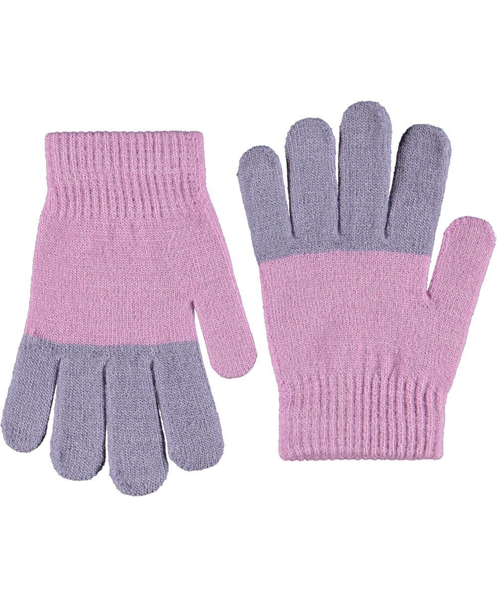 Kei - Purple Ray - 2-pack of knitted gloves for children. One in shades of purple and the other in green and purple stripes.