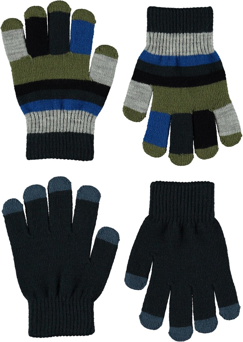 Kei - Dark Denim - Two pairs of blue striped knit gloves