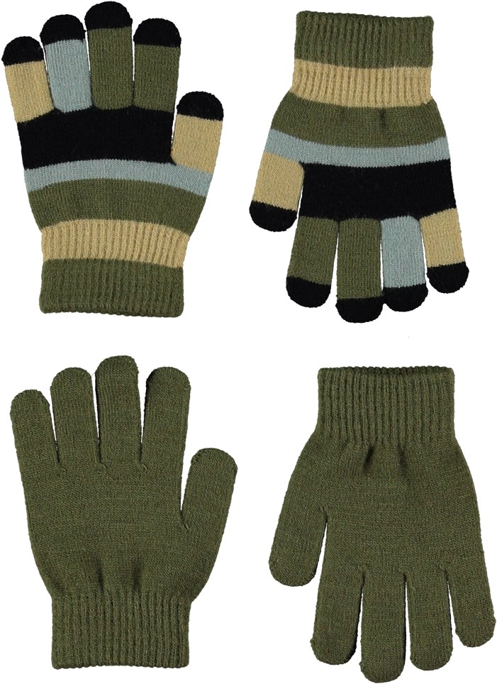 Kei - Growth - Two pairs of green striped knit gloves