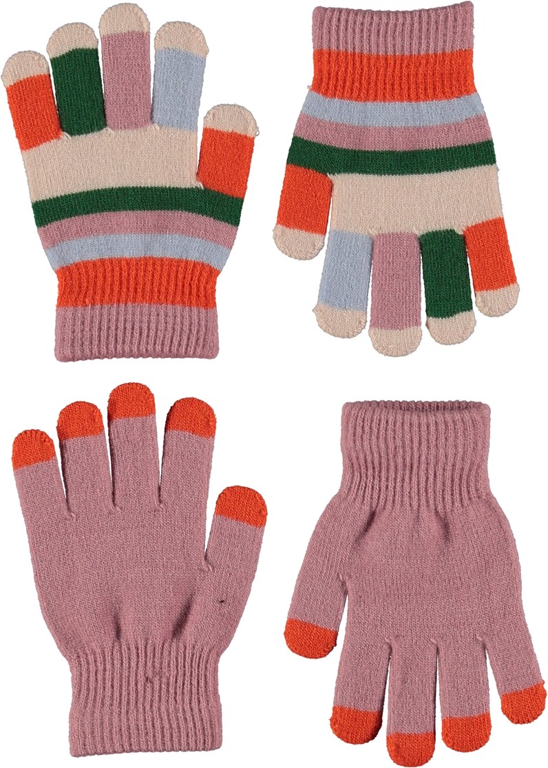 Kei - Poppy - Two pairs of pink striped knit gloves