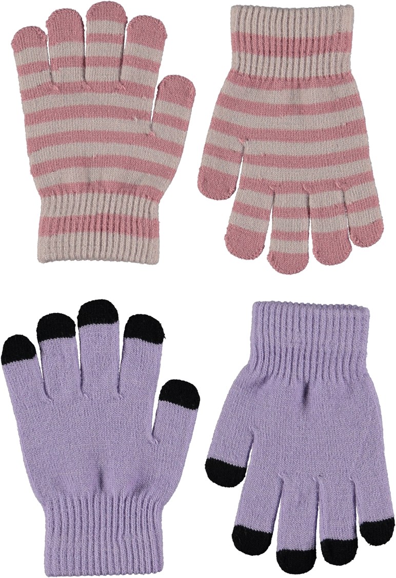 Kei - Violet Sky - Two pairs of knit gloves in light purple and pink stripes