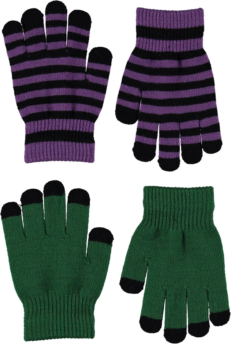 Kei - Woodland Green - Two pairs of knit gloves in green and purple stripes
