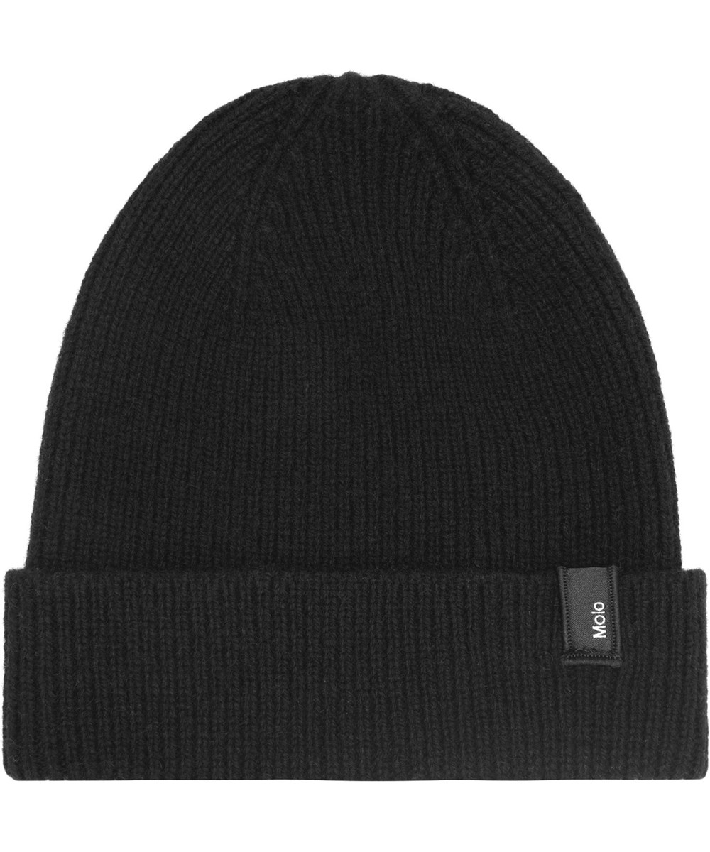 Keilo - Black - Black rib-knit woolen beanie with Molo's logo on the roll up.