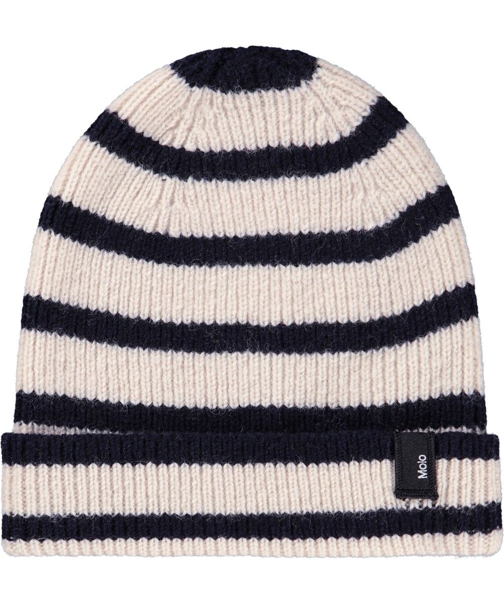 Keilo - Blue Cream - Dark blue and cream striped rib-knitted beanie in a wool blend  for children.