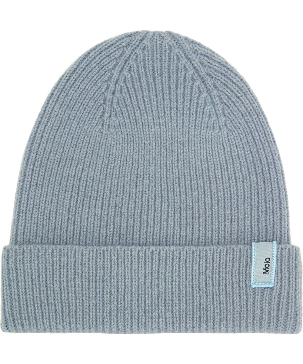 Keilo - Dusty Blue - Blue rib-knit woolen beanie with Molo's logo on the roll up.