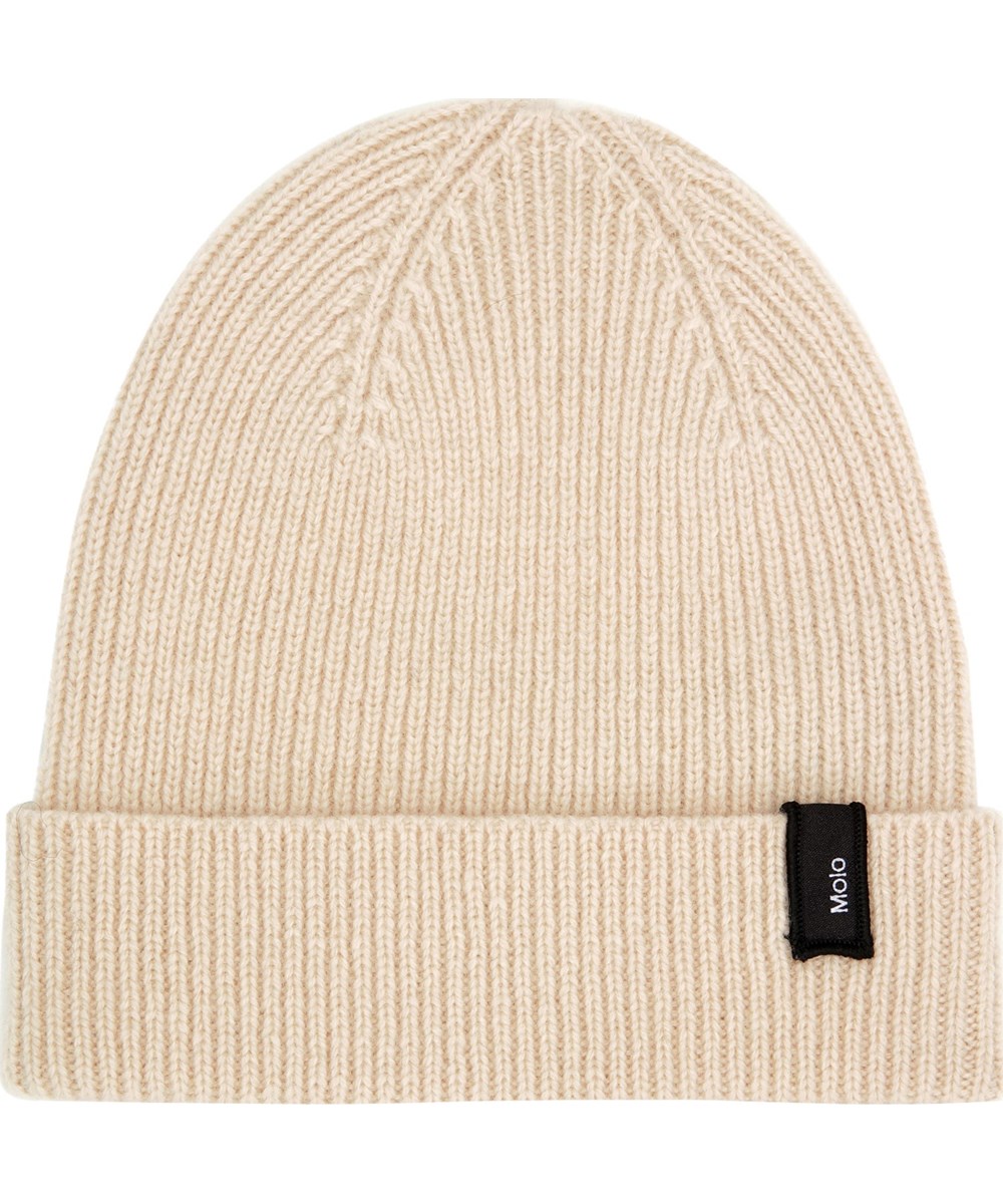 Keilo - White Noise - Off-white rib-knit woolen beanie with Molo's logo on the roll up.