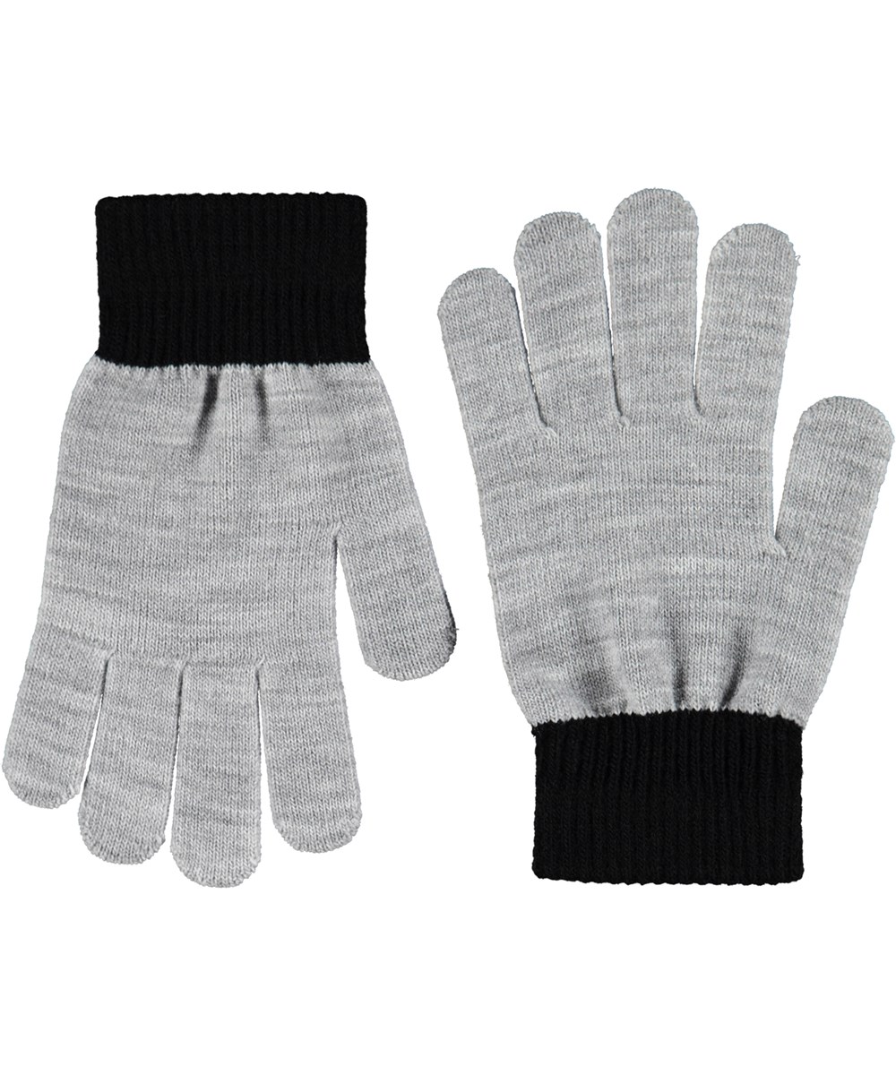 Kello - Black - 2-pack of knitted gloves for children. One pair is gray and black, while the other pair is black with a gray smiling face.