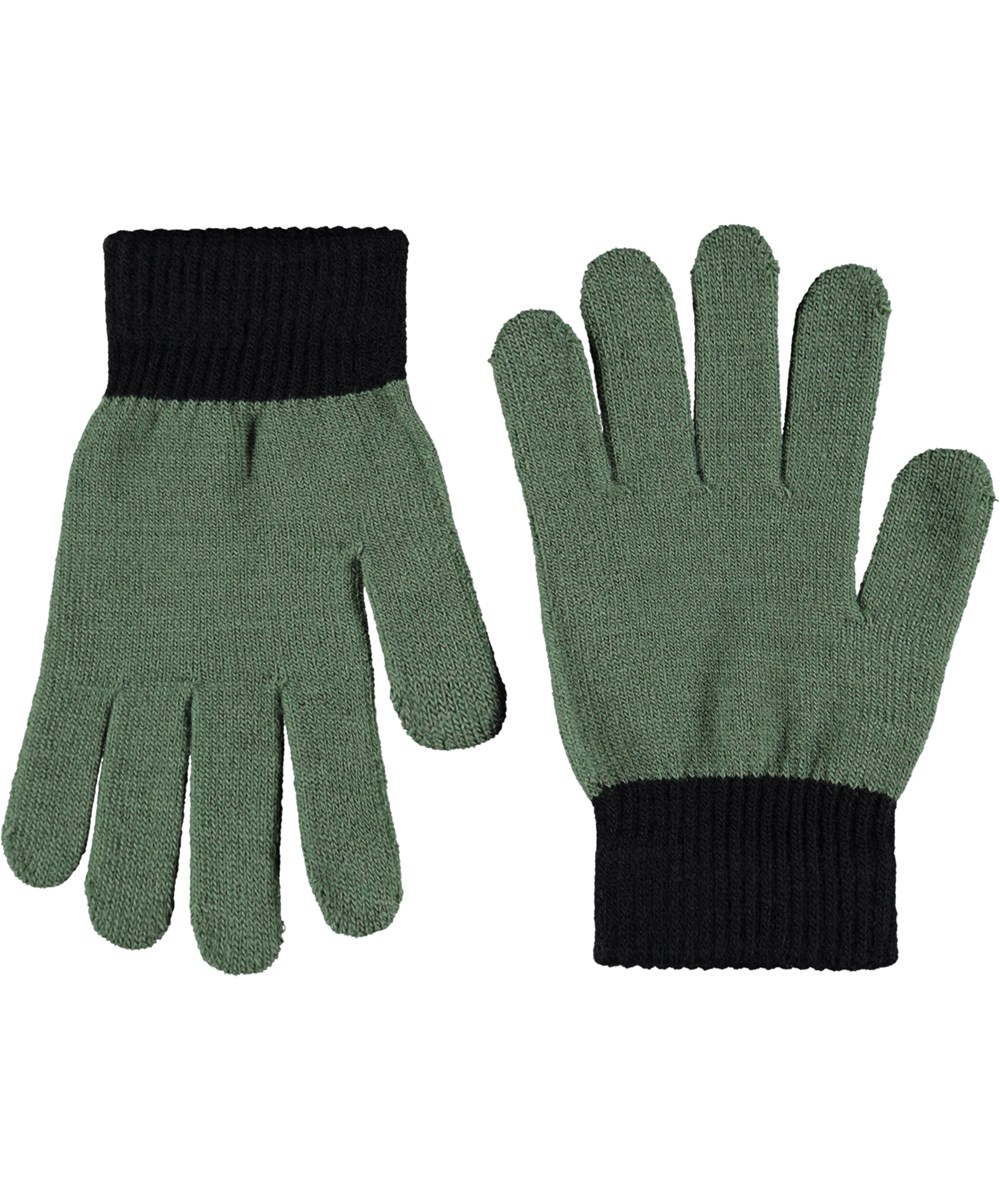 Kello - Night Navy - 2-pack of knitted gloves for children. One pair is green and black, while the other pair is dark green with a light green smiling face.