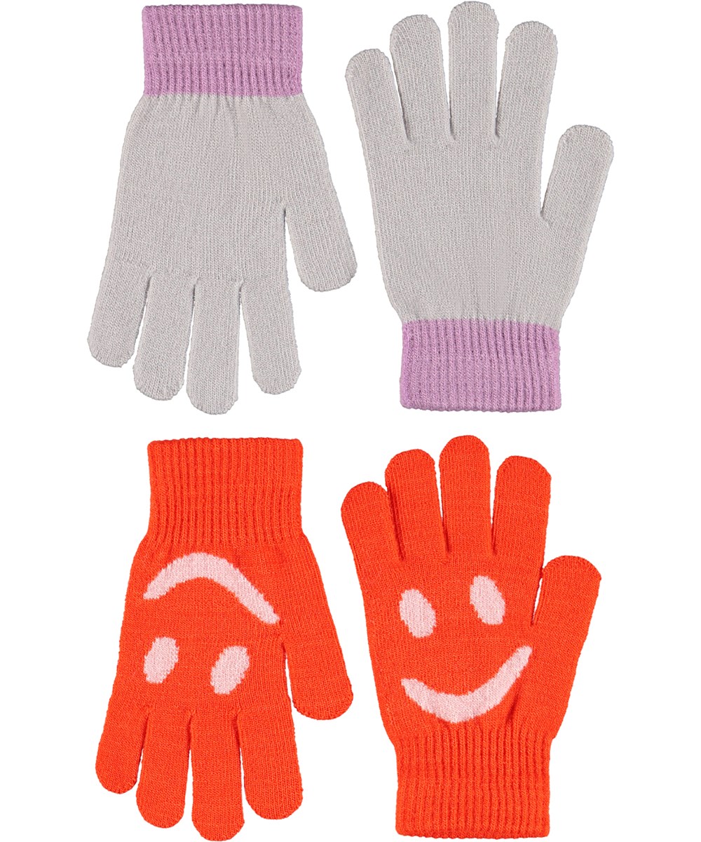 Kello - Rising Sun - 2-pack of knitted gloves for children. One pair is grey and purple, while the other pair is red with beige smiling face.