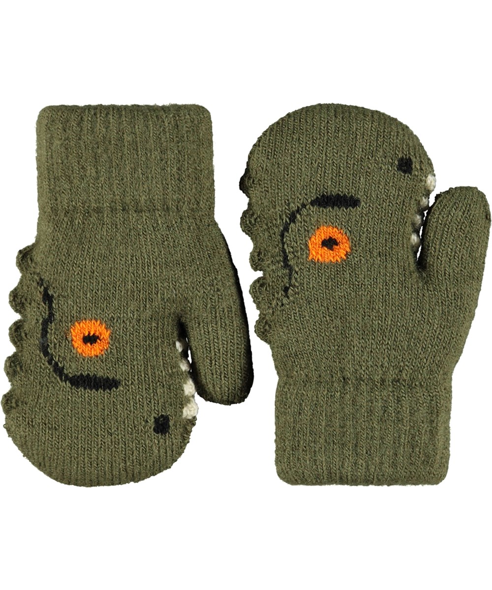 Kenau - Bark Green - Dark green knitted mittens for children with a dinosaur face