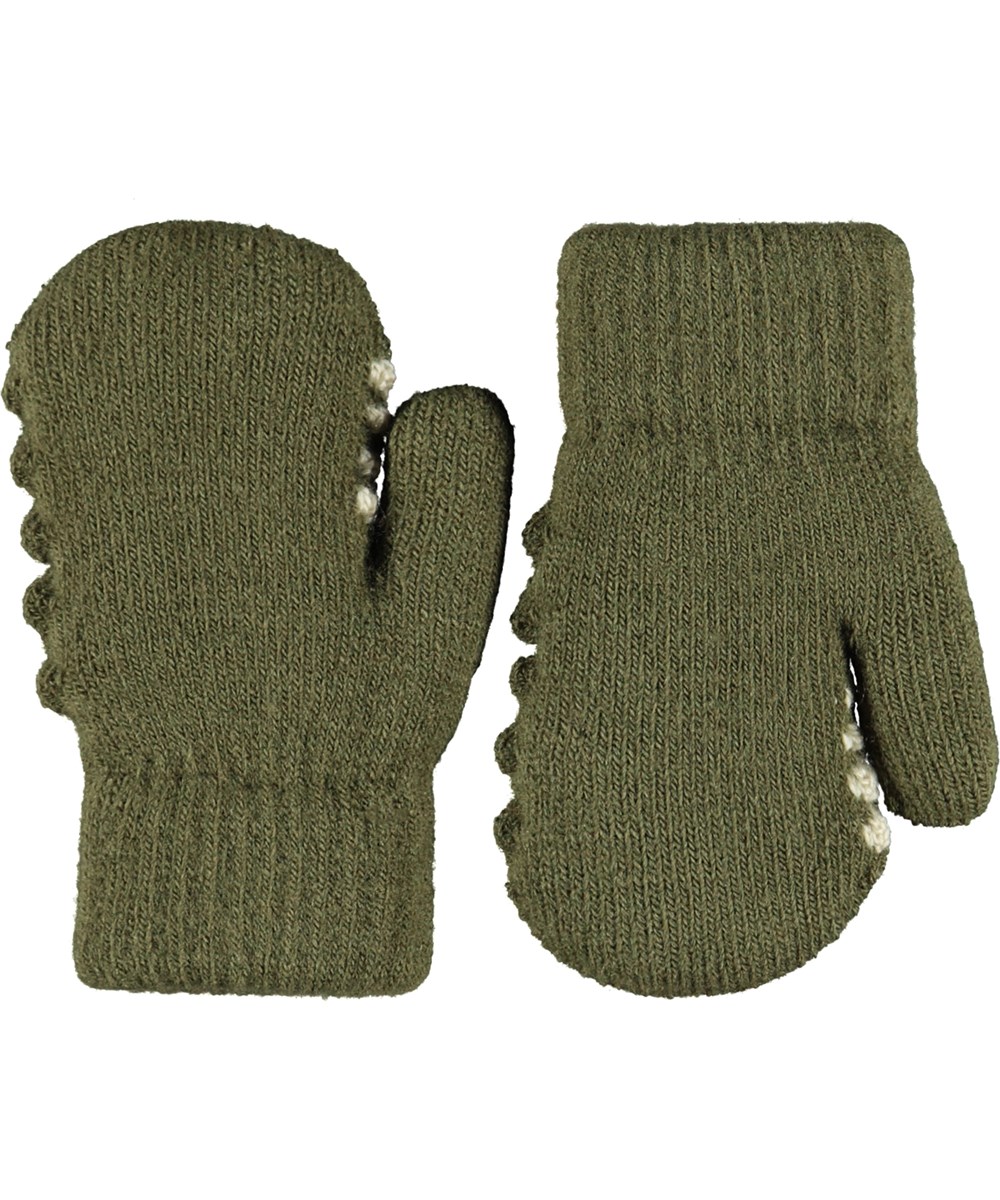 Kenau - Bark Green - Dark green knitted mittens for children with a dinosaur face